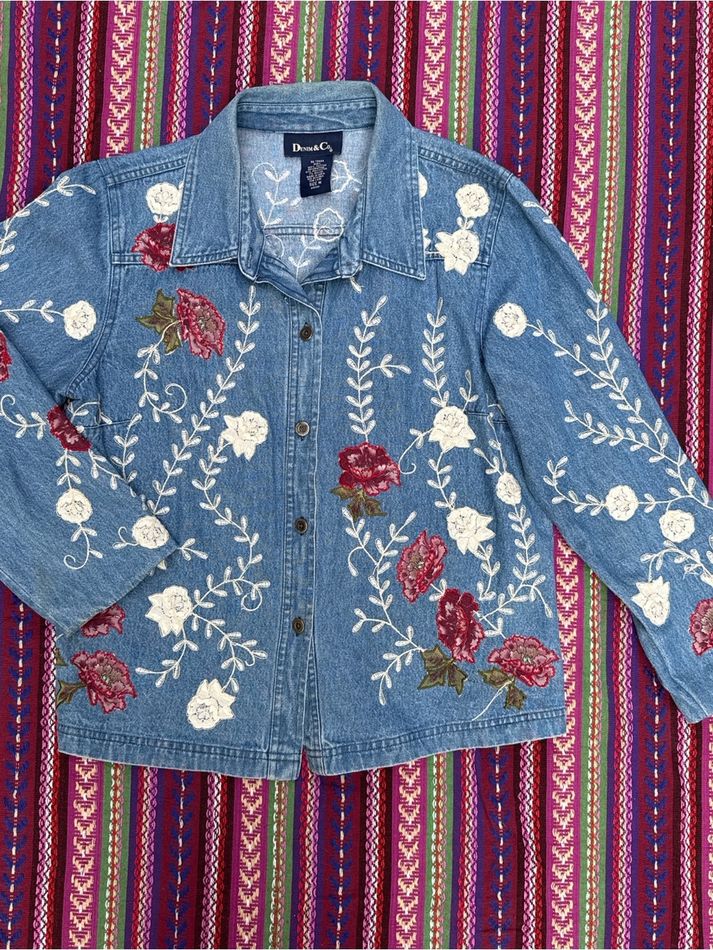 Denim&Co Blue Embroidered Jean Jacket with Red & White Floral
